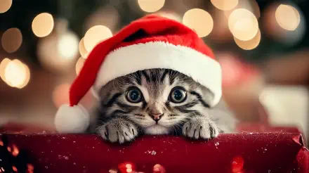 A cute cat wearing a Santa hat rests its paws on a festive surface, surrounded by soft holiday lights, captured beautifully in this 4K Ultra HD desktop wallpaper.