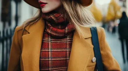 A stylish woman showcases a trendy outfit featuring a mustard-colored coat and a plaid scarf, exuding confidence amidst an autumn backdrop. Captured in stunning 4K Ultra HD.