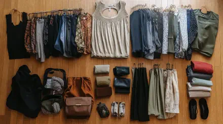 A neatly organized capsule wardrobe displayed on a wooden floor, featuring various tops, pants, and accessories, captured in 4K Ultra HD resolution for a stylish desktop background.