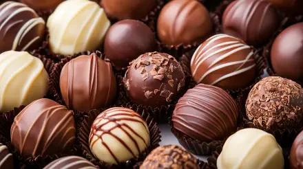 Close-up of assorted chocolate truffles in varying colors and textures. This 4K Ultra HD image serves as an enticing desktop wallpaper and background.