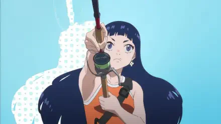 A vibrant anime character with long dark hair holds a fishing rod, exuding confidence against a blue background. This HD wallpaper captures the essence of the Negative Positive Angler theme.