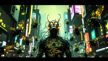 A captivating 4K Ultra HD wallpaper featuring a humanoid figure with glowing eyes surrounded by robotic bees, set against a vibrant cityscape, embodying the bugcore aesthetic.