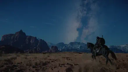 A majestic scene from the video game Crimson Desert, showcasing a rider on horseback against a stunning starry sky and rugged mountains in 4K Ultra HD resolution.