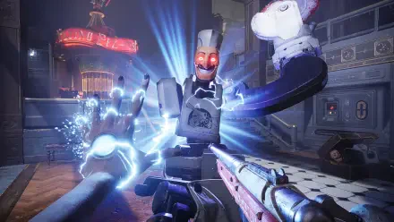 A dynamic HD desktop wallpaper from the video game Judas (2025), featuring an intense scene with a robot and a character engaging in a high-energy confrontation.