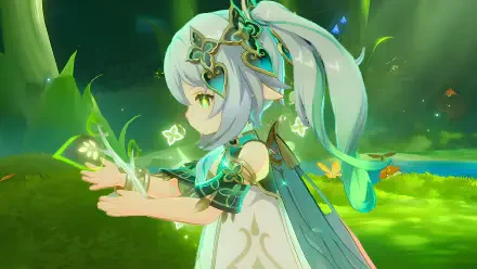 8K Ultra HD PC desktop wallpaper of Nahida from Genshin Impact as the Dendro Greater Lord Rukkhadevata, casting glowing green magic in a luminous forest background.