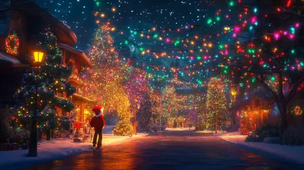 A vibrant, snow-covered street adorned with colorful Christmas lights and decorated trees, creating a festive atmosphere, captured in a stunning 4K Ultra HD wallpaper.
