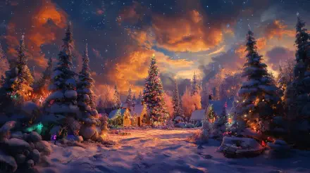 A colorful Christmas scene featuring a snowy landscape, decorated trees, and cozy cottages under a starry sky, captured in vibrant 4K Ultra HD for a stunning desktop wallpaper.