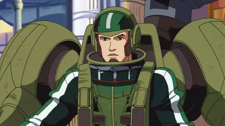 A mech pilot in a green and black suit, determined and focused, set against a futuristic backdrop. This image serves as a striking 4K Ultra HD wallpaper for PC desktops.
