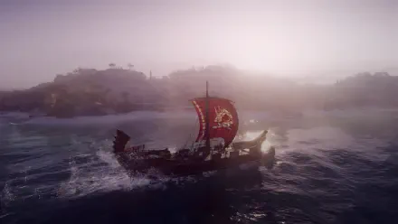 A stunning 4K Ultra HD desktop wallpaper of a ship sailing in the calm waters, inspired by the video game Assassin's Creed Odyssey, capturing a serene and adventurous atmosphere.