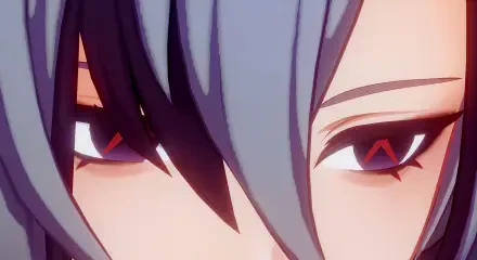 Close-up of Arlecchino from Genshin Impact, showcasing her distinct eyes and hair in a 4K Ultra HD PC desktop wallpaper.