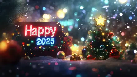 A vibrant New Year 2025 desktop wallpaper featuring a decorated tree with colorful ornaments and a glowing Happy 2025 sign, surrounded by festive lights and snowflakes.