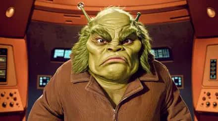 A grumpy character with green skin and prominent eyebrows, set against a futuristic background, featured as a 4K Ultra HD PC desktop wallpaper and background.