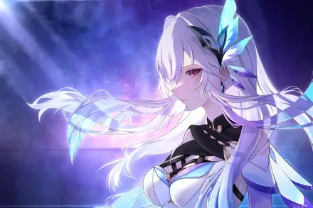 HD PC desktop wallpaper featuring Skirk, a girl character from the video game Genshin Impact, set against a vibrant purple and blue glowing background.