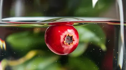 A vibrant, close-up view of a single cranberry floating just beneath the surface of clear water, surrounded by soft green foliage, captured in stunning 4K Ultra HD resolution.