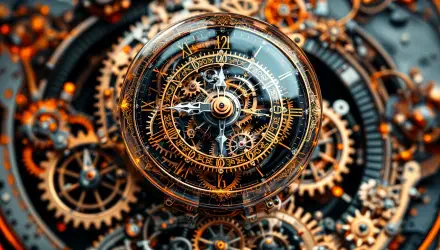 Intricate clockwork mechanism featuring detailed gears and a central clock face, showcased in stunning 4K Ultra HD, perfect for desktop wallpaper or background.