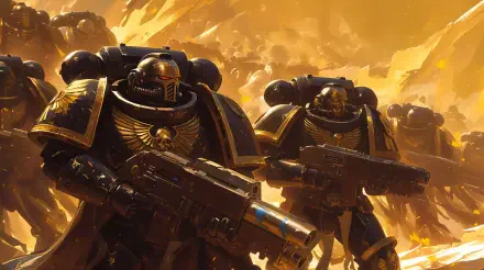 Two imposing Space Marines stand ready for battle against a fiery backdrop in this stunning Warhammer-themed 4K Ultra HD desktop wallpaper.