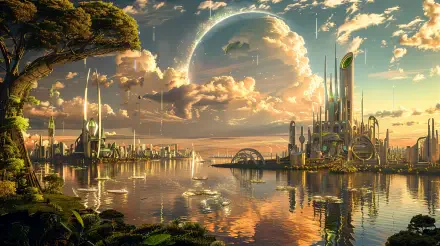 A stunning sci-fi cityscape reflected in water, featuring futuristic architecture, lush greenery, and a dramatic sky with clouds and a large celestial body, all in vibrant 4K Ultra HD quality.