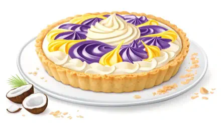 A vibrant coconut cream pie adorned with swirls of yellow and purple cream sits elegantly on a plate, showcased in stunning 4K Ultra HD, perfect for a desktop wallpaper.