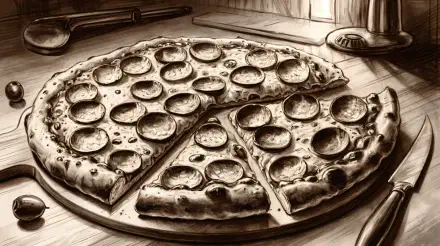 A detailed 4K Ultra HD wallpaper featuring a delicious pepperoni pizza with several slices cut out, set against an inviting kitchen background.