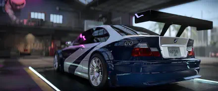 4K Ultra HD PC wallpaper featuring a sleek BMW M3 GTR from Need for Speed Heat, parked in a dimly lit garage with reflective surfaces and vibrant lighting.