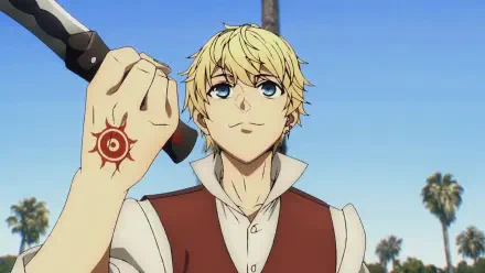 A cheerful anime character from Fate/strange fake holds a weapon, showcasing a distinctive sun symbol on his hand, set against a bright blue sky and palm trees. An engaging HD desktop wallpaper.