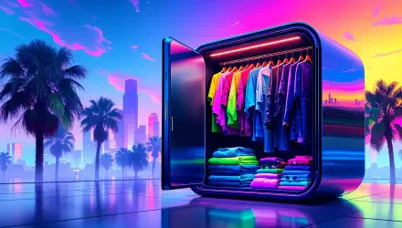 A vibrant capsule wardrobe displayed in a sleek, illuminated closet against a colorful urban sunset backdrop, featuring hanging shirts and neatly folded clothes amidst palm trees.