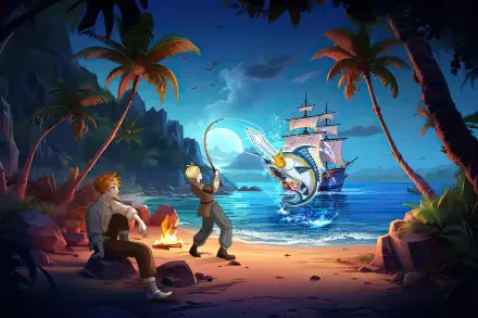 A colorful HD desktop wallpaper featuring a sea fantasy scene with two characters fishing on a beach, a ship in the background, and lush palm trees under a twilight sky.