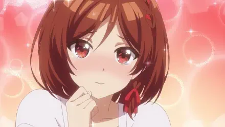 An anime character with brown hair and red ribbons gazes pensively, surrounded by soft, sparkling pink tones. This HD wallpaper is inspired by I'm Getting Married to a Girl I Hate in My Class.