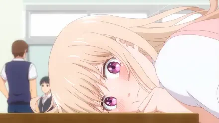 A character from Medaka Kuroiwa Is Impervious to My Charms rests her head on a desk, displaying large, expressive pink eyes, in a vibrant classroom setting. HD desktop wallpaper.