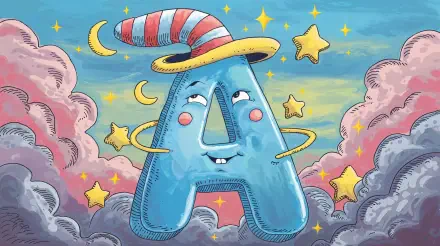 Colorful cartoon letter 'A' wearing a striped hat, surrounded by stars and clouds, set against a vibrant sky. This whimsical design makes for an engaging 4K Ultra HD desktop wallpaper.