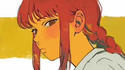 Anime-inspired HD wallpaper featuring Makima from Chainsaw Man, set against a vibrant yellow background, showcasing her distinctive hairstyle and captivating gaze.