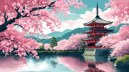 A serene cherry blossom festival scene featuring vibrant pink blossoms surrounding a traditional pagoda by a tranquil lake, perfect for a 4K Ultra HD desktop wallpaper.