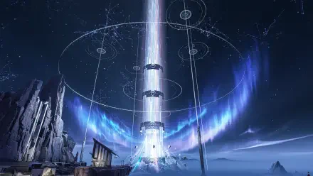 Wuthering Waves 8K Ultra HD PC desktop wallpaper depicting a futuristic beam of light surrounded by glowing magical circles against a starry night sky and rocky landscape.