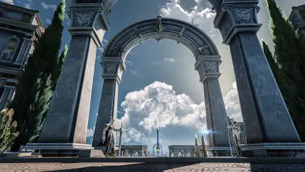 Wuthering Waves 8K Ultra HD PC desktop wallpaper featuring a grand stone archway framing a dramatic cloudy sky with statues and tall cypress trees.