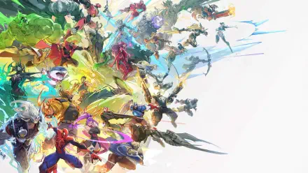 Dynamic 4K Ultra HD Marvel Rivals desktop wallpaper showcasing an epic battle scene with vibrant superheroes in action against a bright background.