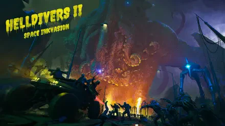 4K Ultra HD PC desktop wallpaper featuring intense battle scenes from Helldivers and Helldivers 2, showcasing the fiery chaos of the Liberty! space invasion.