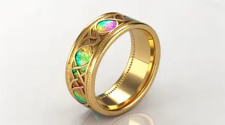 4K Ultra HD wallpaper featuring an elegant gold ring with intricate designs and vibrant opal gemstones, showcasing refined jewelry craftsmanship.