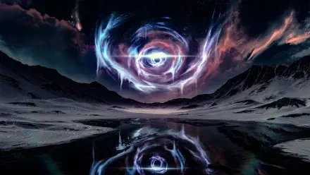 Wuthering Waves 8K Ultra HD wallpaper depicting a surreal glowing eye-shaped vortex swirling in a night sky above a reflective mountain lake.