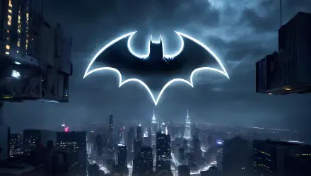 Batman logo illuminated in glowing neon above a dark cityscape at night, rendered as a 4K Ultra HD comic-style PC desktop wallpaper.