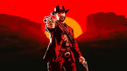 Red Dead Redemption 4K Ultra HD PC wallpaper featuring a cowboy with dual pistols against a bold red sunset background.