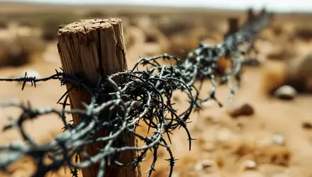 Close-up of a weathered wood post wrapped with barbed wire fence stretching across a desert landscape in 4K Ultra HD detail.