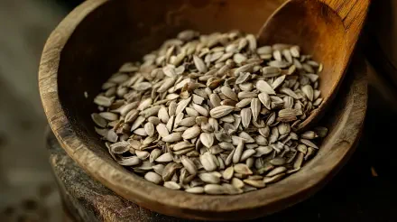 A wooden bowl filled with sunflower seeds and a wooden spoon, showcased in rich detail for a 4K Ultra HD desktop background.