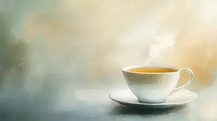 A serene 4K Ultra HD wallpaper featuring a steaming cup of white tea on a saucer, set against a soft, blurred background.