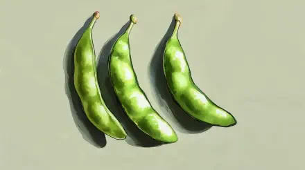 Three vibrant green edamame pods arranged on a soft background, showcased in rich detail for a stunning 4K Ultra HD desktop wallpaper.