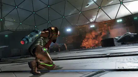 A dynamic scene from Metroid Prime 4: Beyond, showcasing the armored protagonist in an HD PC desktop wallpaper, set against a futuristic indoor environment.