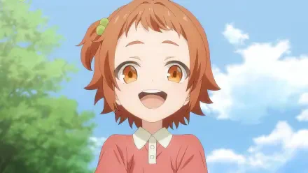 An engaging HD wallpaper featuring a cheerful character from the anime Magic Maker: Isekai Mahou no Tsukurikata, set against a bright, natural background.