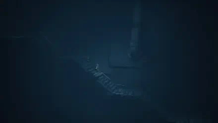 HD desktop wallpaper featuring a dark, eerie scene from the video game Little Nightmares III, highlighting a suspenseful, shadowy environment.