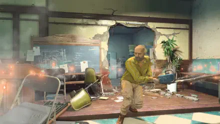 A character from Resident Evil Re:Verse emerges within a chaotic, debris-filled room featuring damaged walls and scattered furniture, set as an HD PC desktop wallpaper.