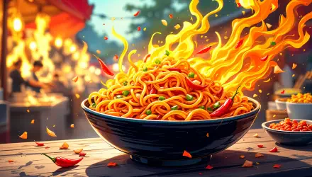 A vibrant 4K Ultra HD wallpaper featuring a bowl of steaming noodles with flames and red chili peppers, set against a lively outdoor backdrop.