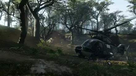 HD PC desktop wallpaper from Tom Clancy's Ghost Recon Breakpoint showing a helicopter landing in a dense, sunlit forest environment.